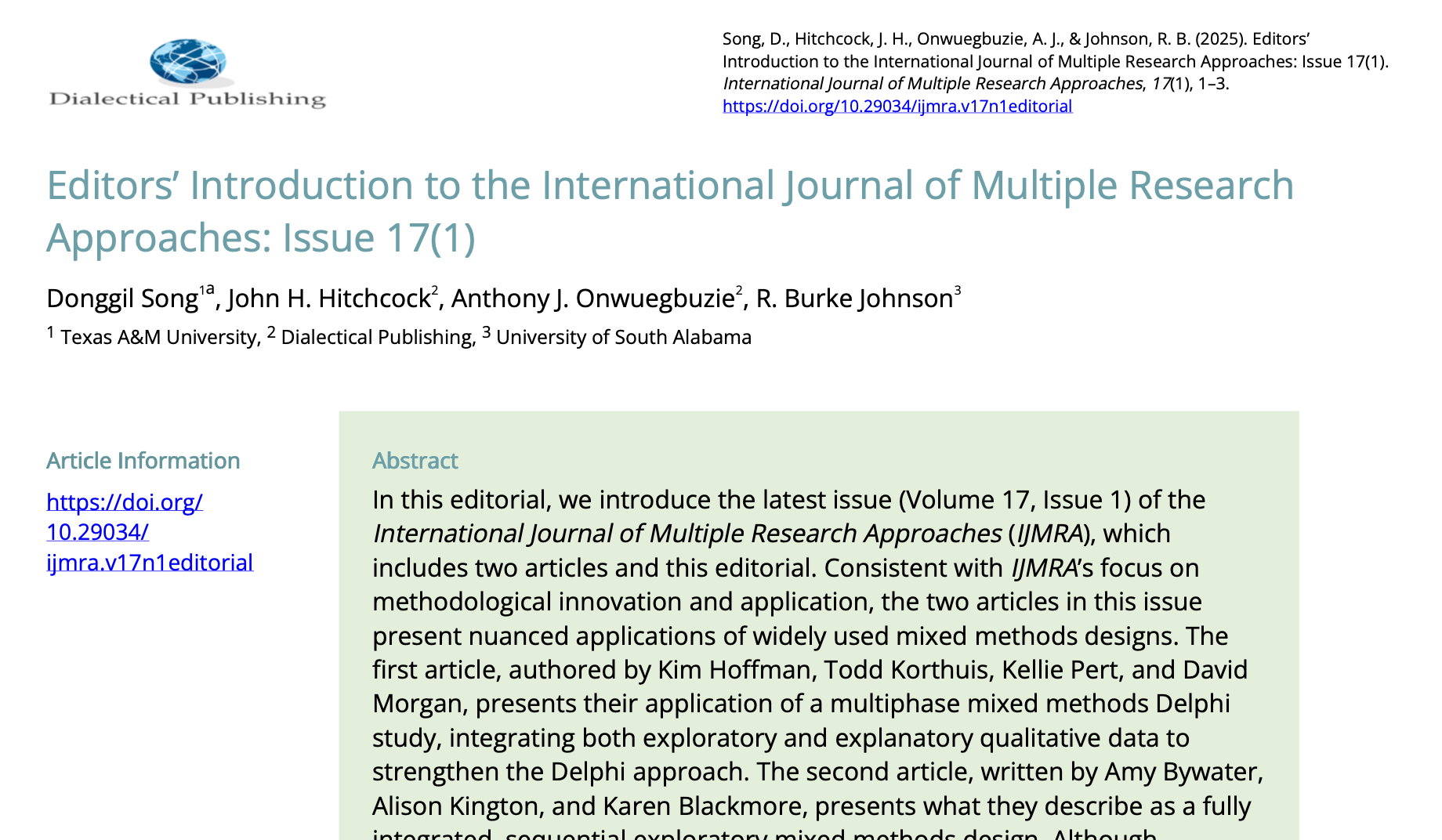 17(1). 01. Editors’ Introduction to the International Journal of Multiple Research Approaches: Issue 17(1)
