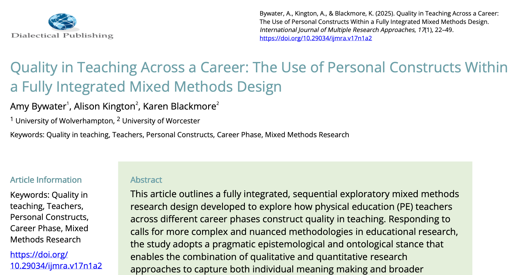 17(1). 03. Quality in Teaching Across a Career: The Use of Personal Constructs Within a Fully Integrated Mixed Methods Design